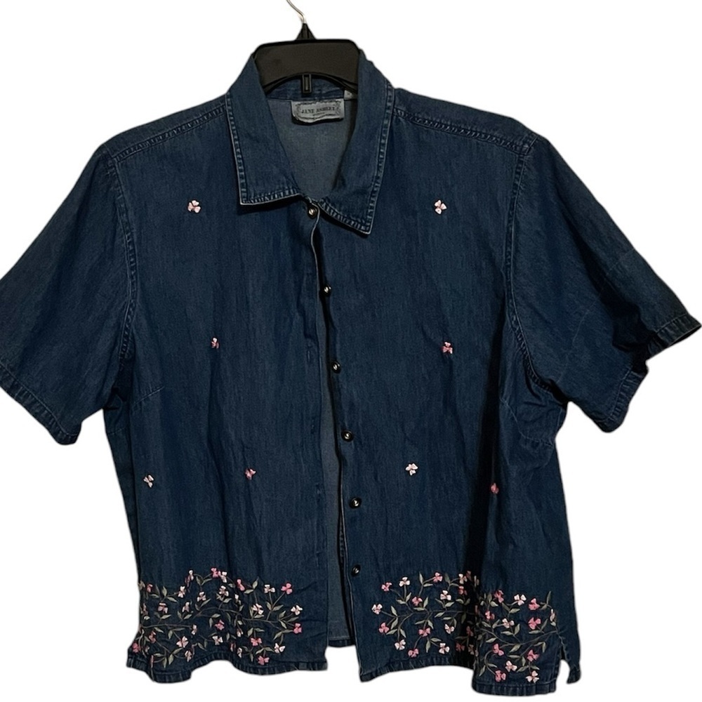Plus Sz Jane Ashley top Women’s  Denim Floral Embroidered Short Sl Vntg- Size 2X